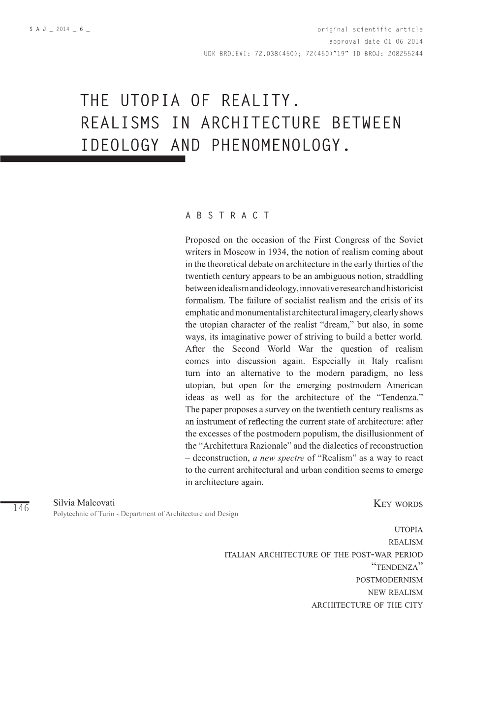 The Utopia of Reality. Realisms in Architecture Between Ideology and Phenomenology