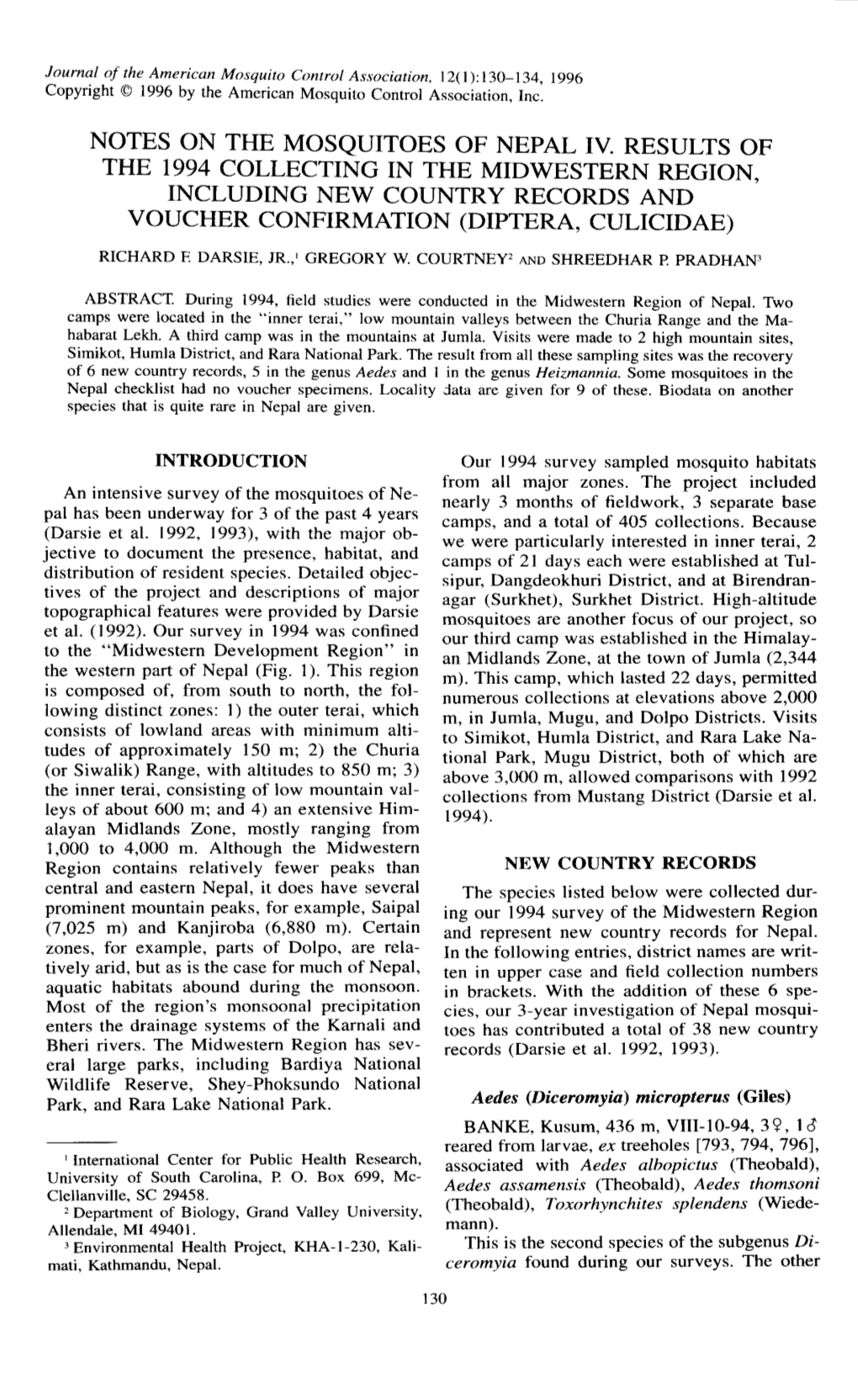 Notes on the Mosquitoes of Nepal Iv. Results of the 1994