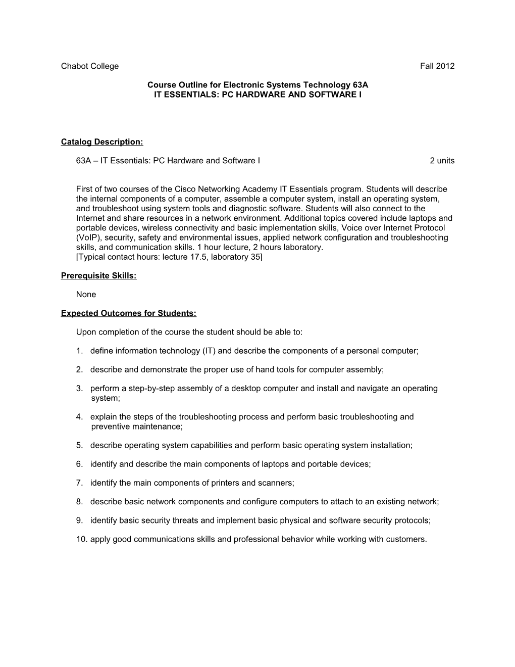 Course Outline for Electronic Systems Technology 63A