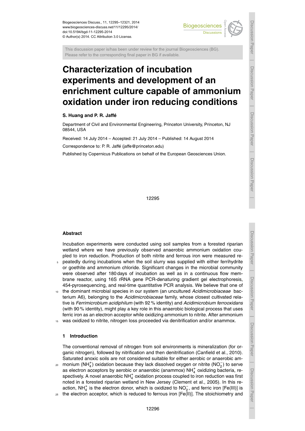 Characterization of Incubation Experiments and Development of an Enrichment Culture Capable of Ammonium Oxidation Under Iron Reducing Conditions S
