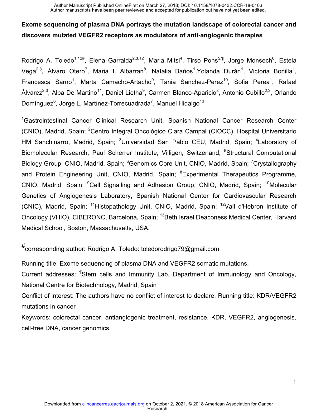 Exome Sequencing of Plasma DNA Portrays the Mutation Landscape of Colorectal Cancer and Discovers Mutated VEGFR2 Receptors As Modulators of Anti-Angiogenic Therapies