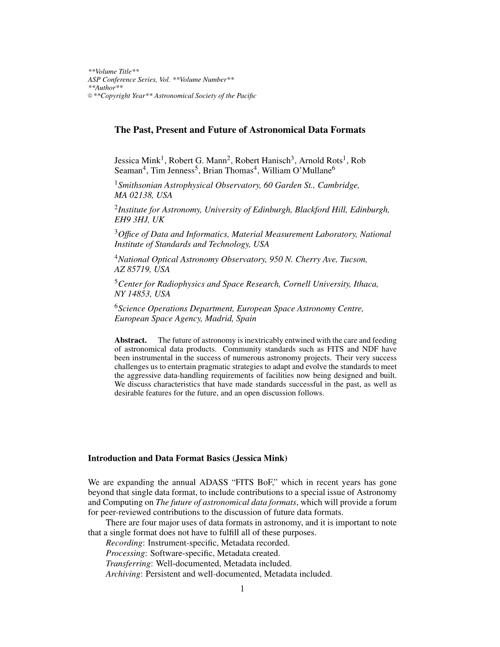 The Past, Present and Future of Astronomical Data Formats