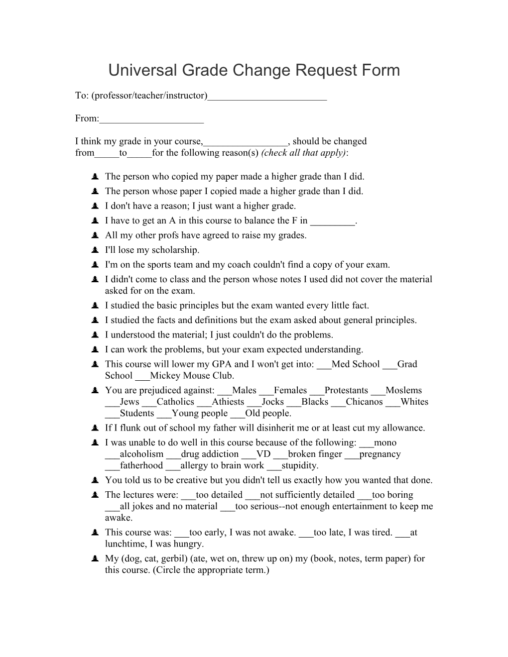 Universal Grade Change Request Form