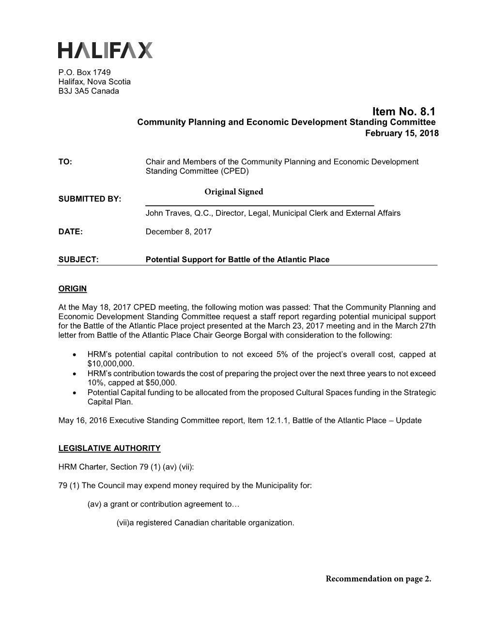 Item No. 8.1 Community Planning and Economic Development Standing Committee February 15, 2018