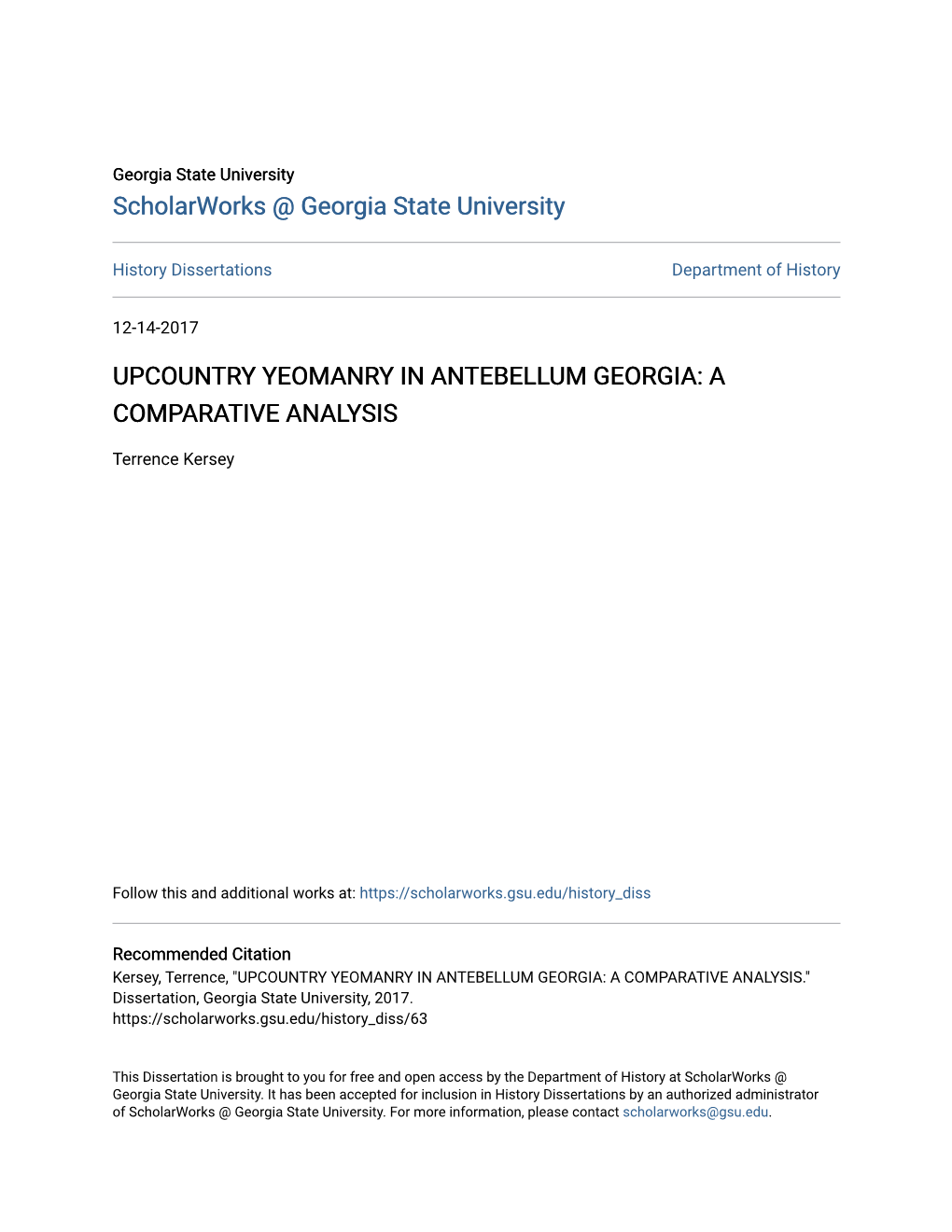 Upcountry Yeomanry in Antebellum Georgia: a Comparative Analysis