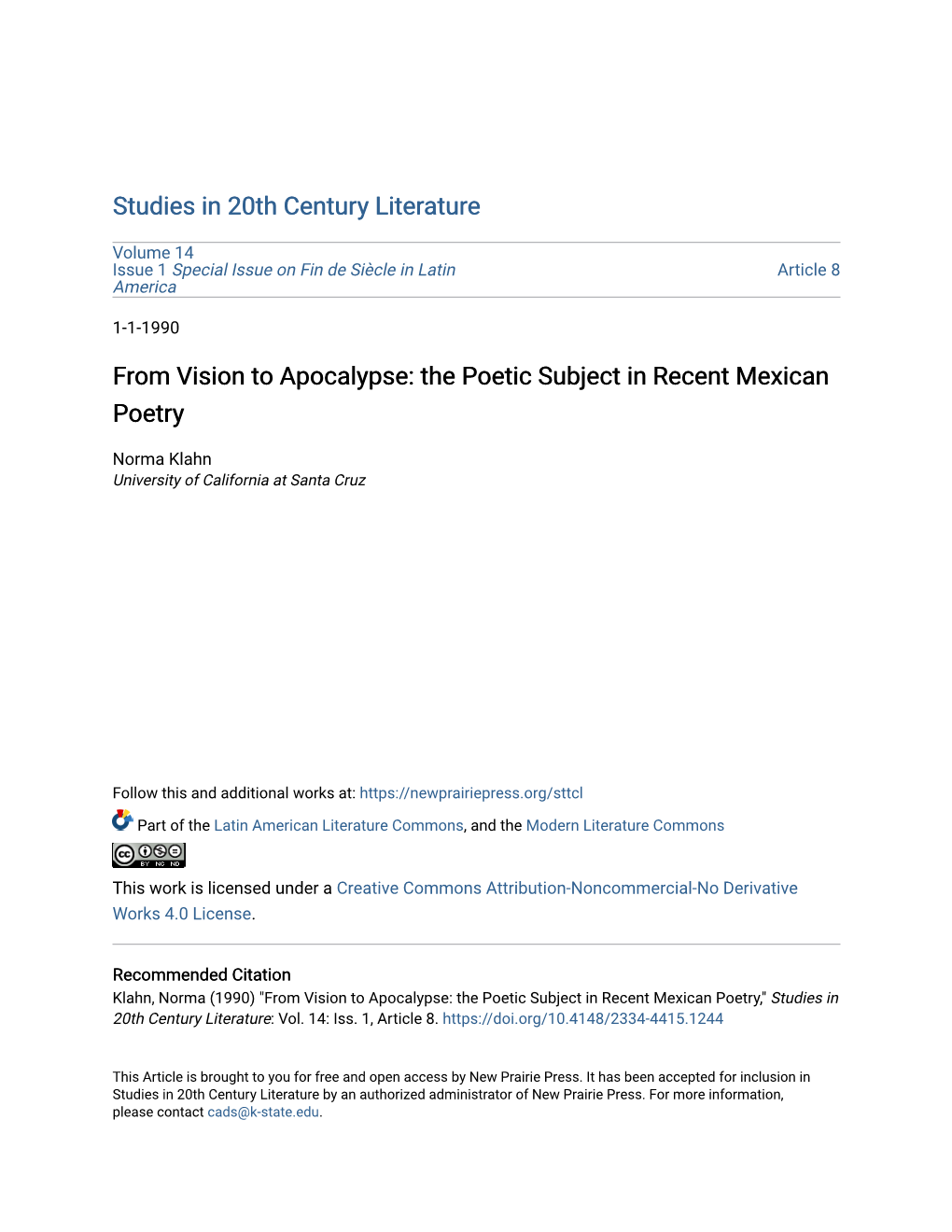 From Vision to Apocalypse: the Poetic Subject in Recent Mexican Poetry