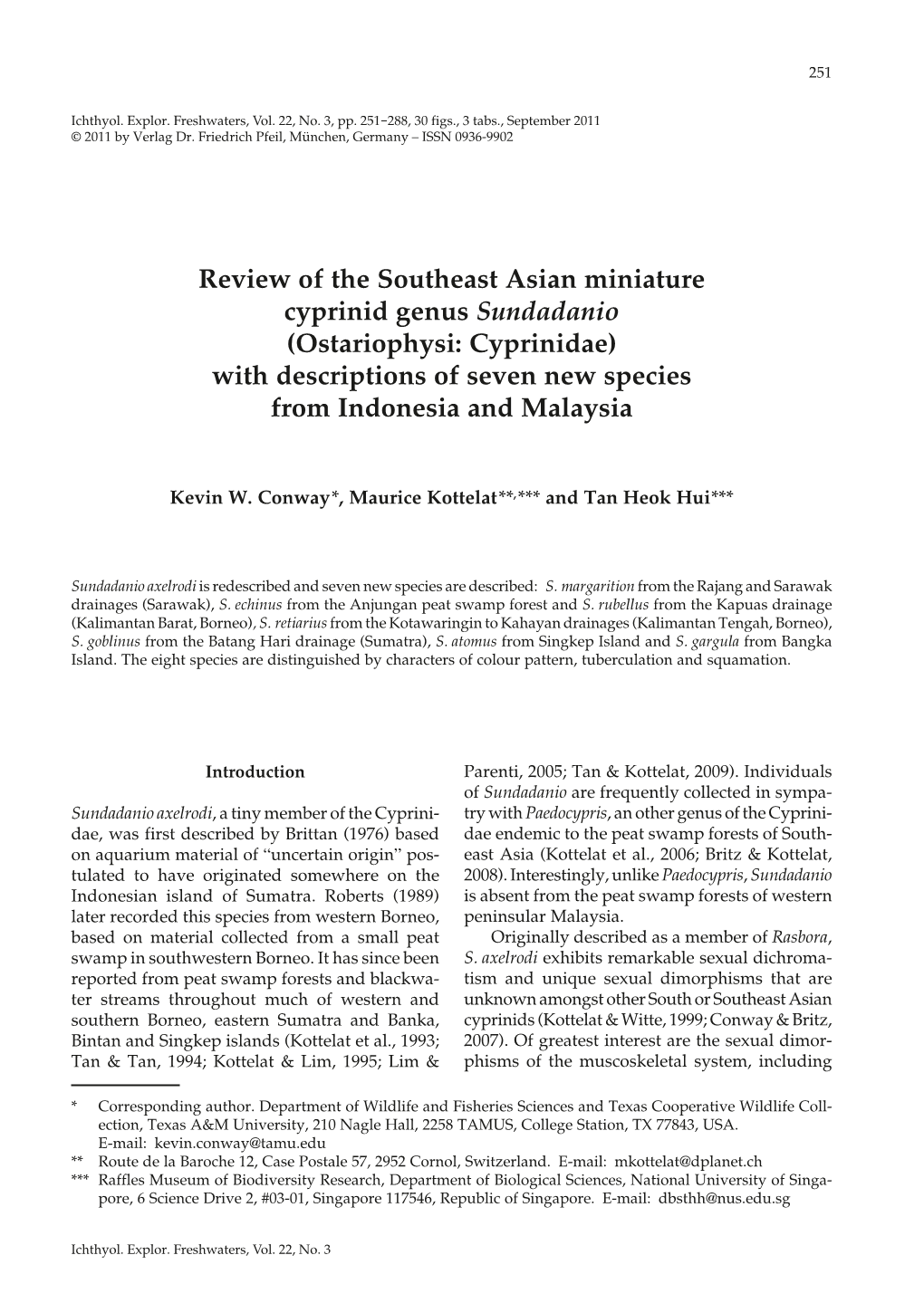 Review of the Southeast Asian Miniature Cyprinid Genus Sundadanio (Ostariophysi: Cyprinidae) with Descriptions of Seven New Species from Indonesia and Malaysia