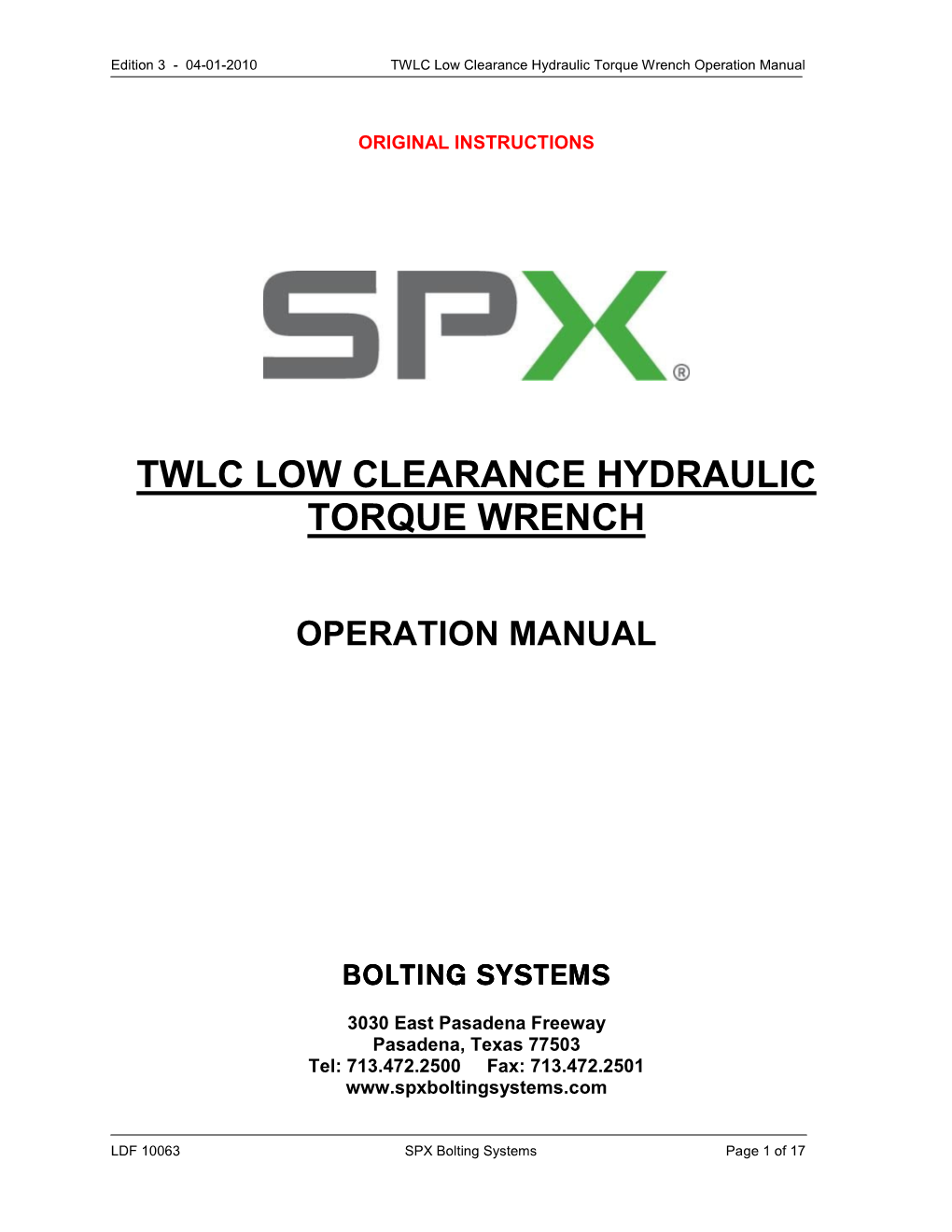 TWLC Low Clearance Hydraulic Torque Wrench Operation Manual