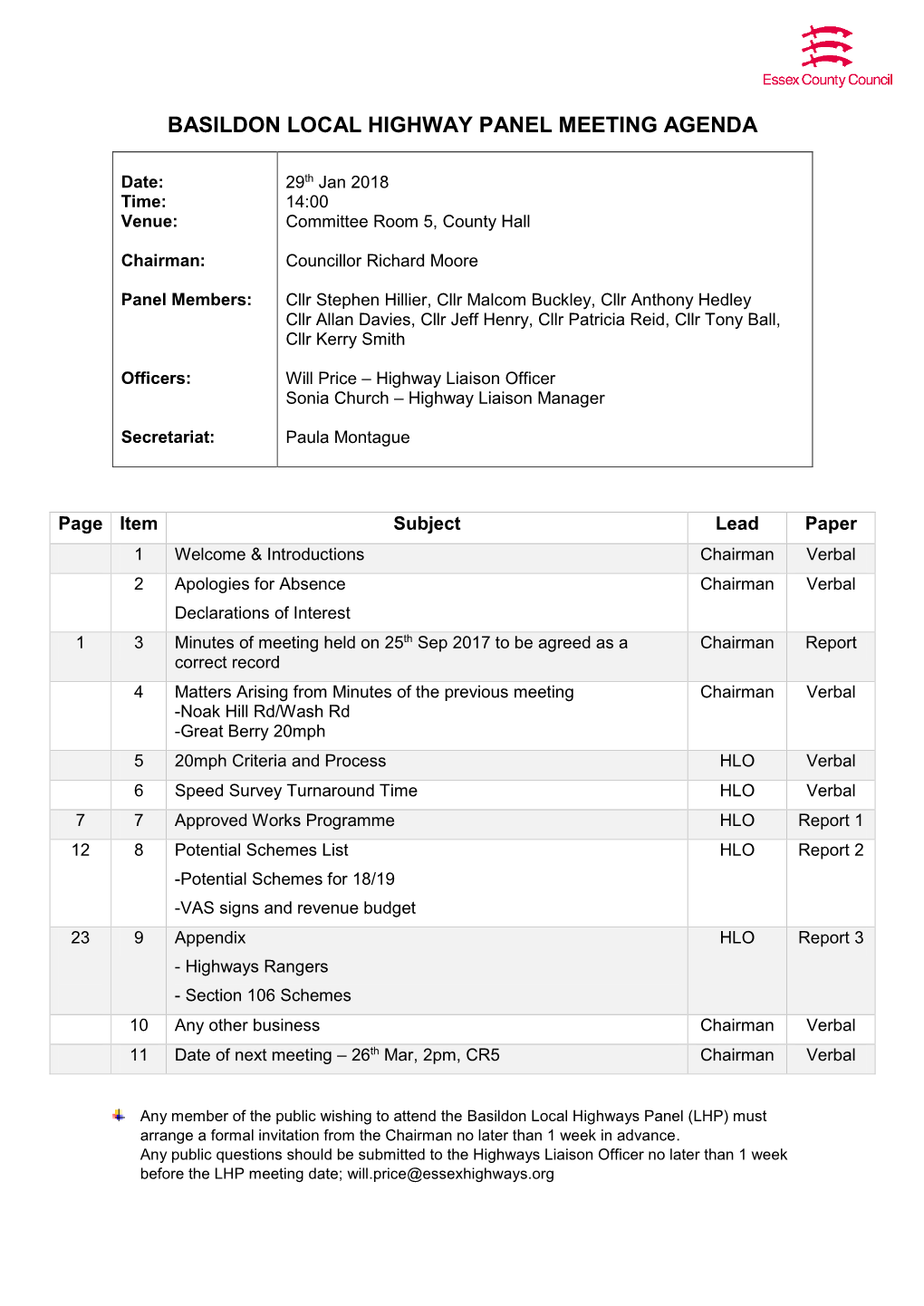 Basildon Local Highway Panel Meeting Agenda