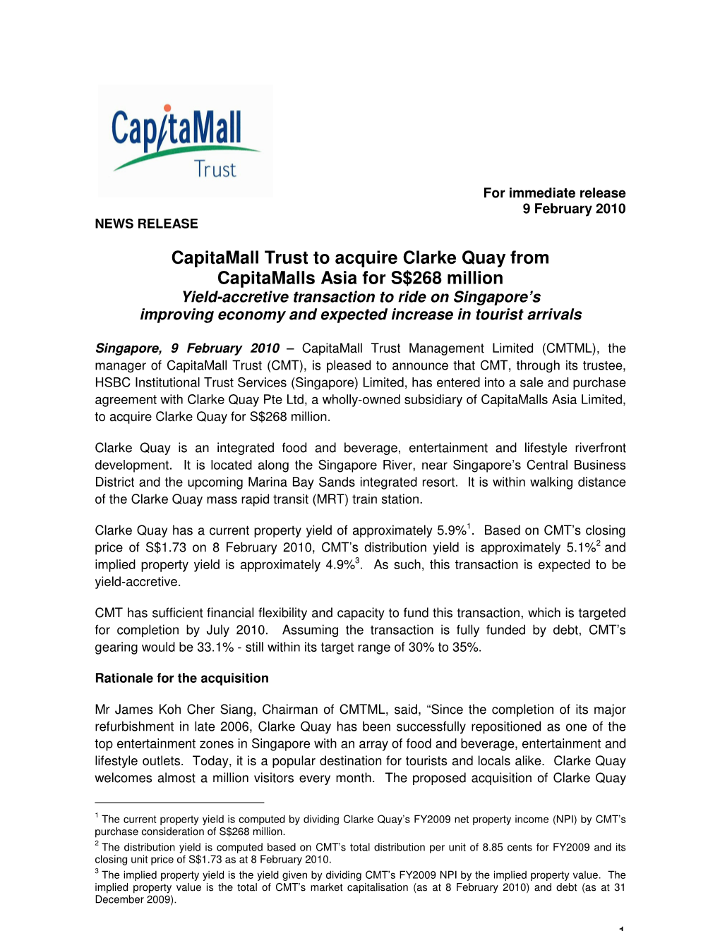 Capitamall Trust to Acquire Clarke Quay from Capitamalls Asia for S