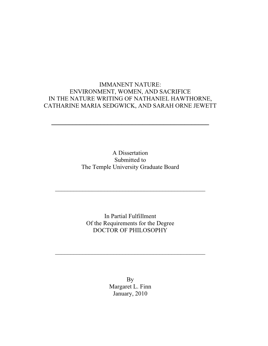 Immanent Nature: Environment, Women, and Sacrifice in the Nature Writing of Nathaniel Hawthorne, Catharine Maria Sedgwick, and Sarah Orne Jewett