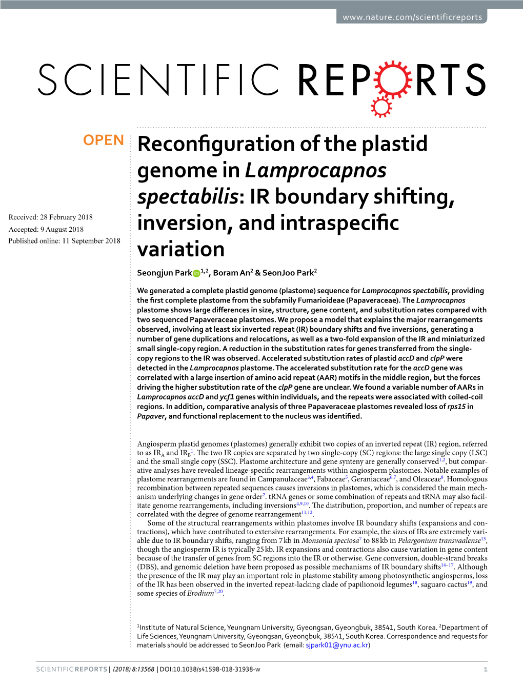 Reconfiguration of the Plastid Genome in Lamprocapnos Spectabilis