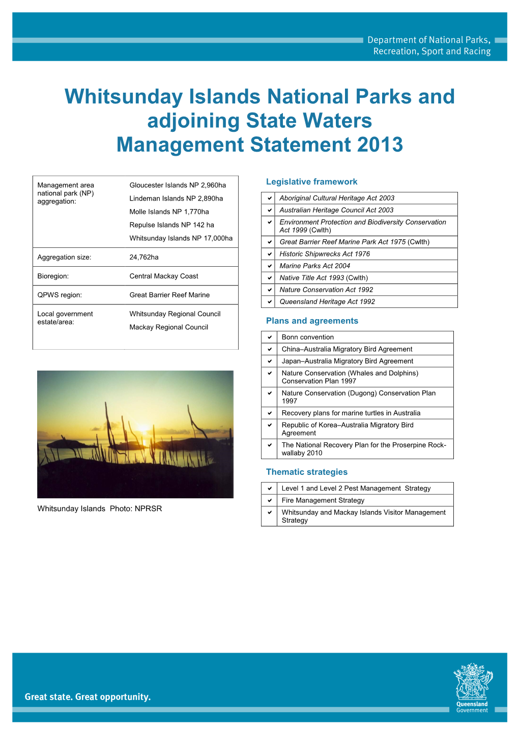 Whitsunday Islands National Parks and Adjoining State Waters Management Statement 2013