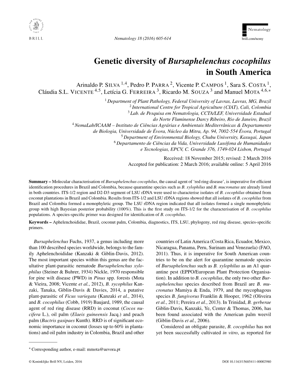 Genetic Diversity of Bursaphelenchus Cocophilus in South America