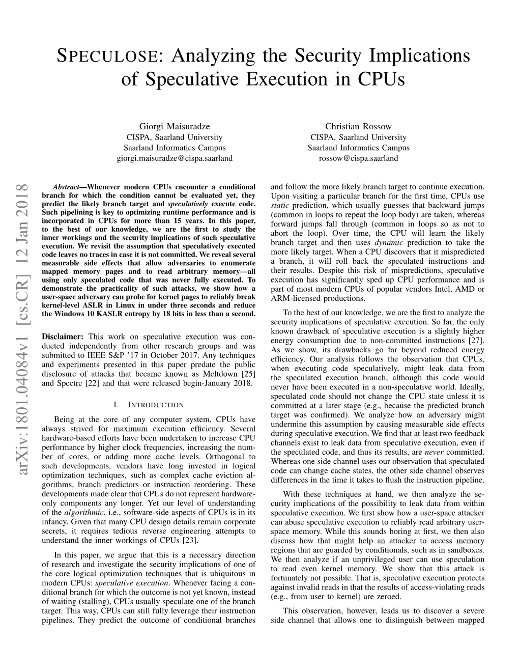 Analyzing the Security Implications of Speculative Execution in Cpus