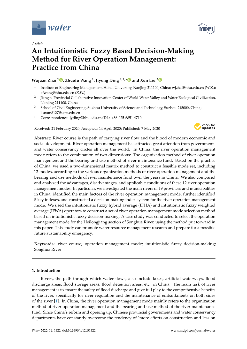 An Intuitionistic Fuzzy Based Decision-Making Method for River Operation Management: Practice from China
