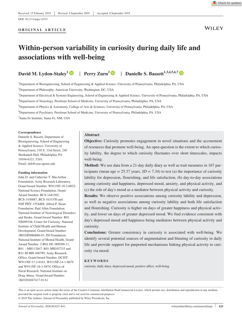 Pdffor Within-Person Variability in Curiosity During Daily Life and Associations with Well-Being