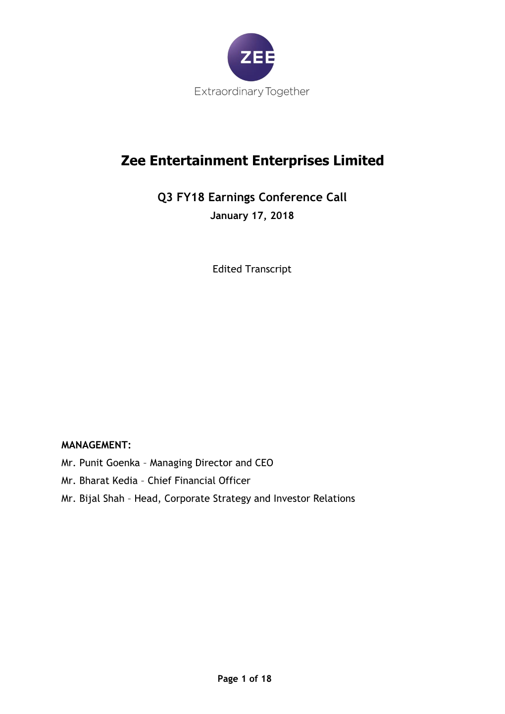 ZEEL 3QFY18 Earnings Call Transcript