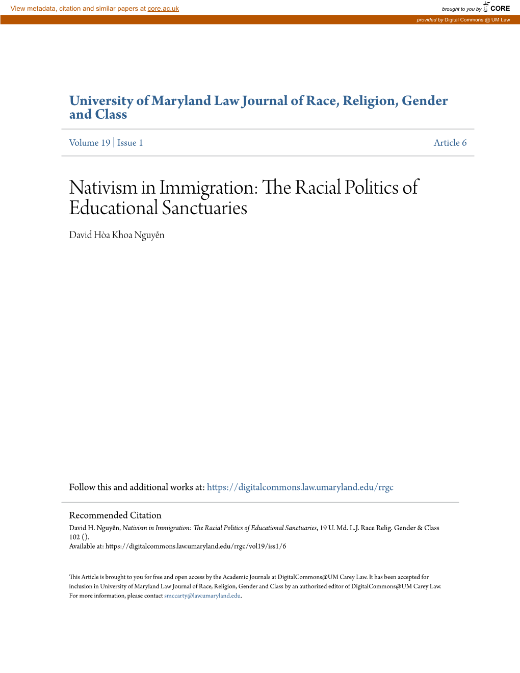 Nativism in Immigration: the Racial Politics of Educational Sanctuaries David Hòa Khoa Nguyễn