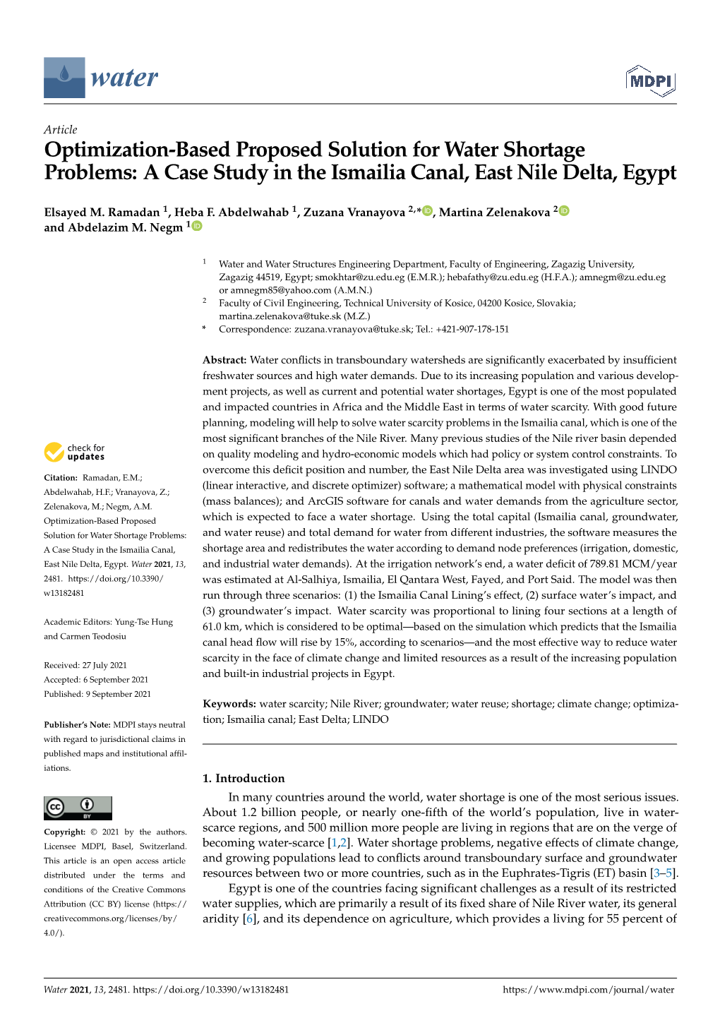A Case Study in the Ismailia Canal, East Nile Delta, Egypt