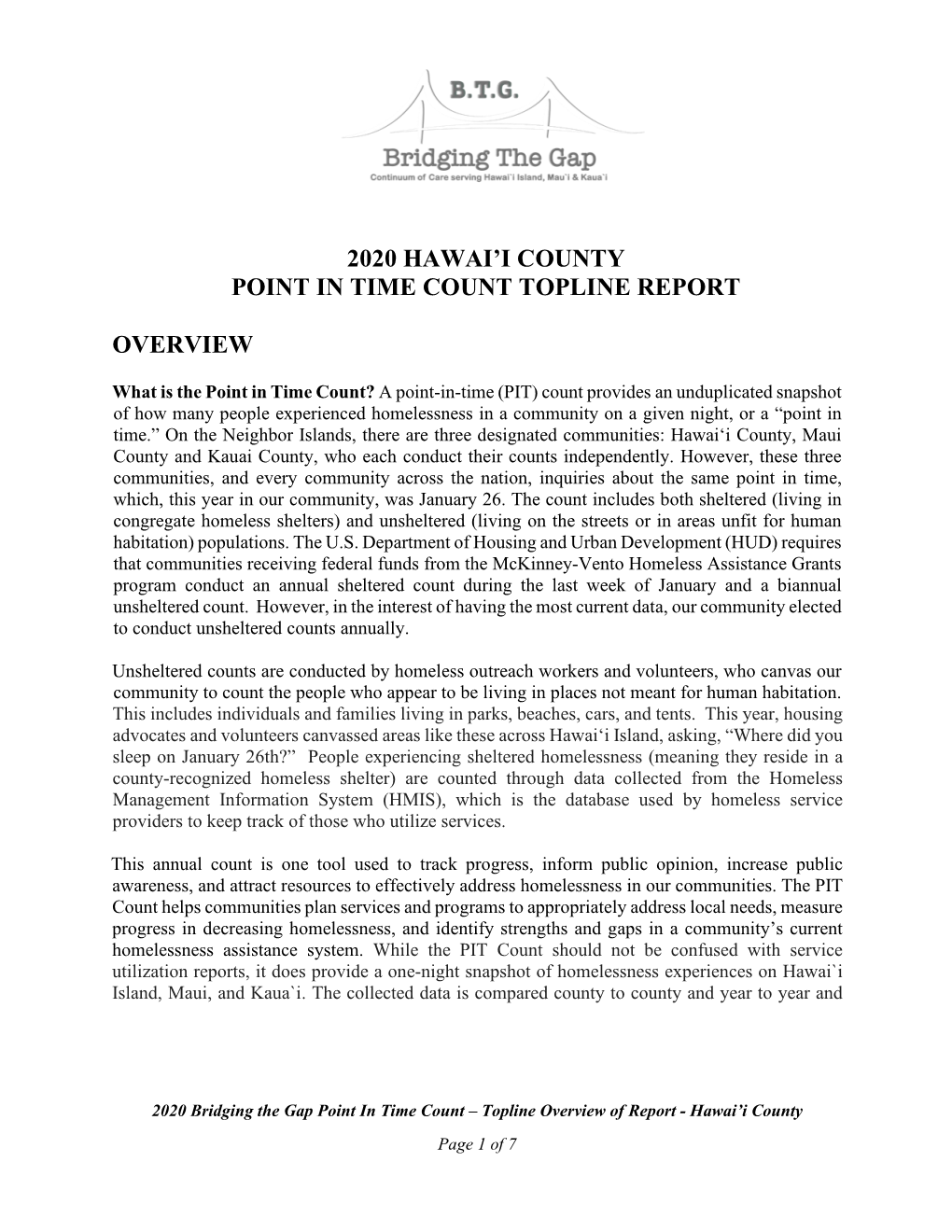 2020 Hawai'i County Point in Time Count Topline Report