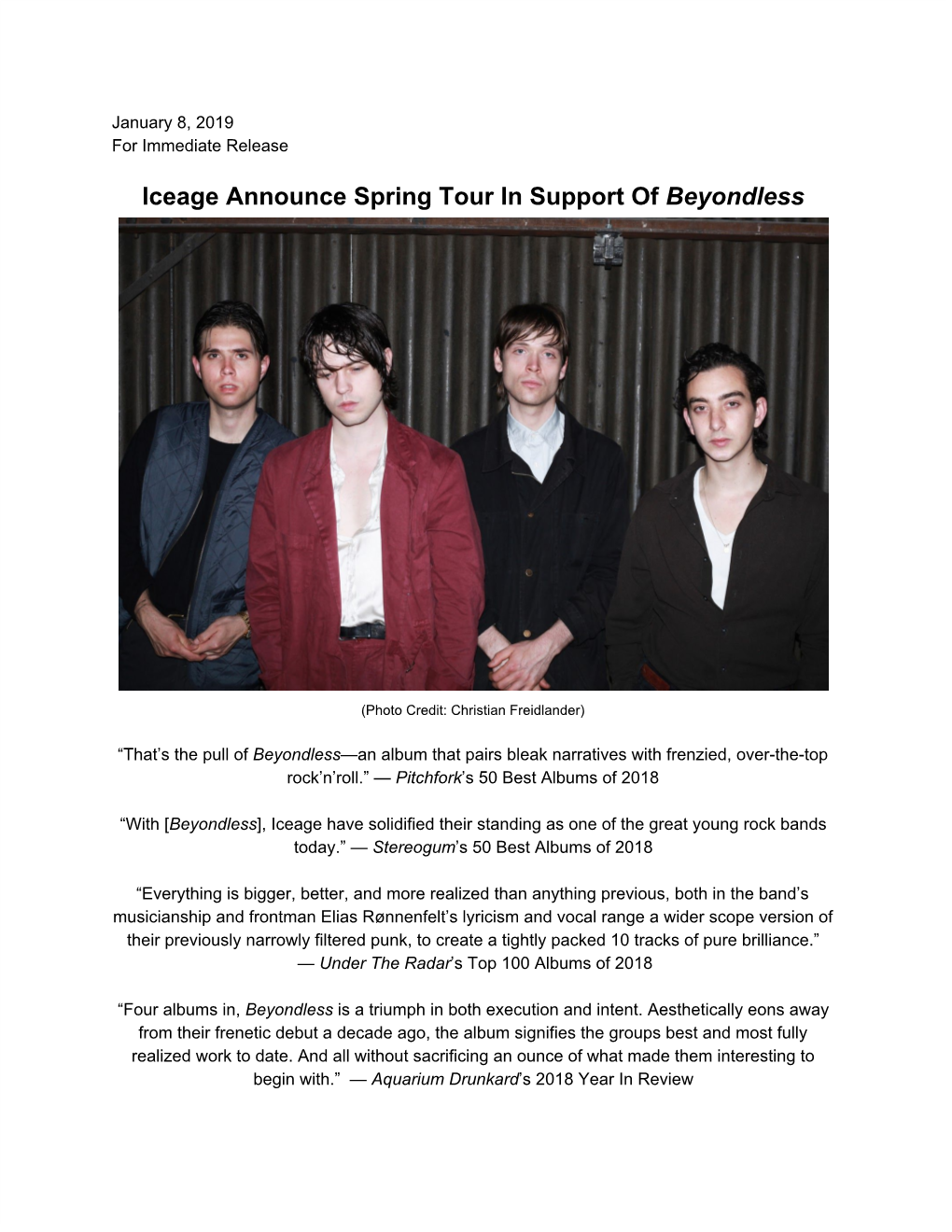 January 8, 2019 Iceage Announce Spring Tour in Support of Beyondless