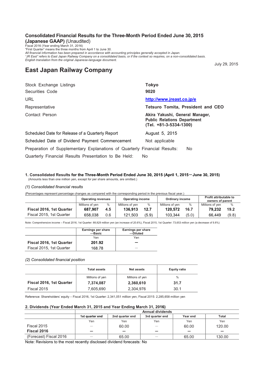 Consolidated Financial Results for the Three-Month Period Ended June