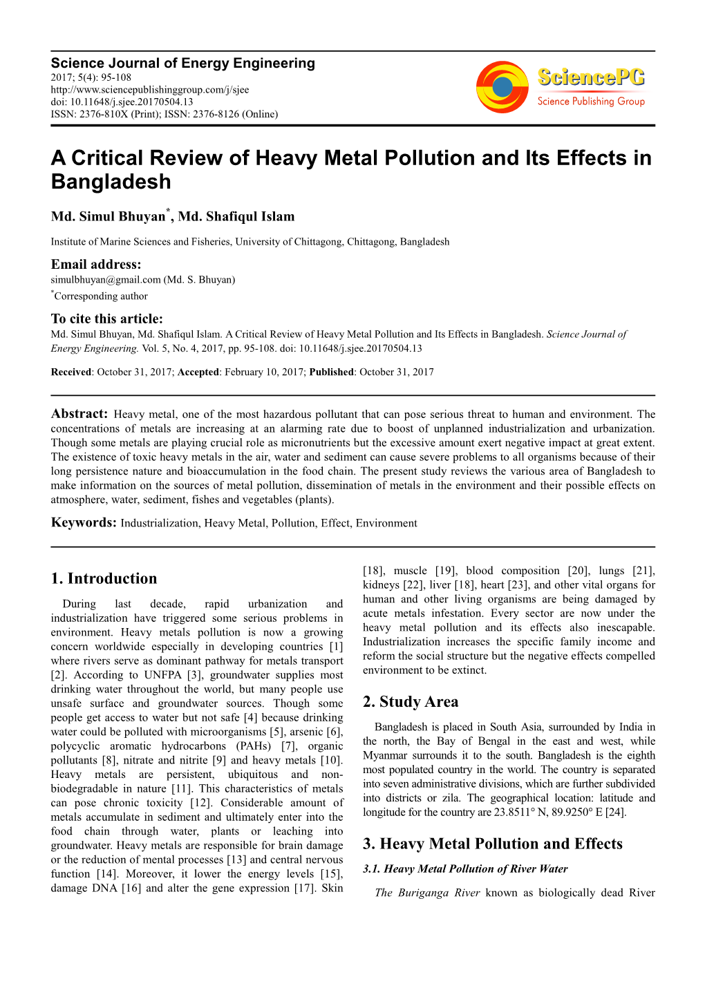 A Critical Review of Heavy Metal Pollution and Its Effects in Bangladesh