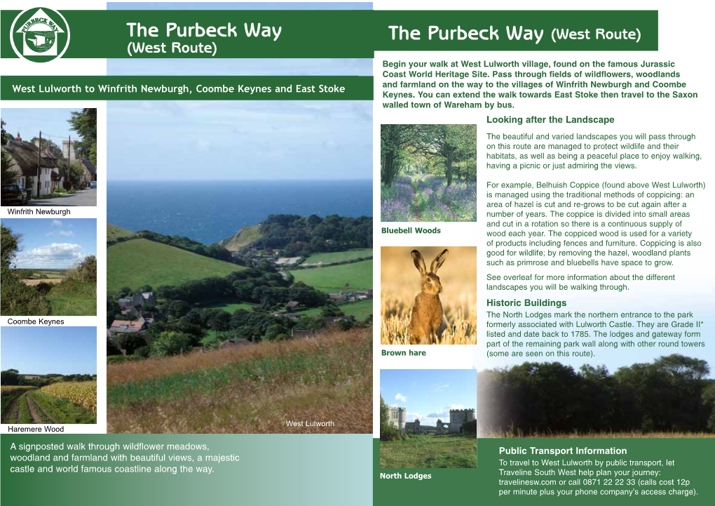 The Purbeck Way the Purbeck Way (West Route) (West Route) Begin Your Walk at West Lulworth Village, Found on the Famous Jurassic Coast World Heritage Site