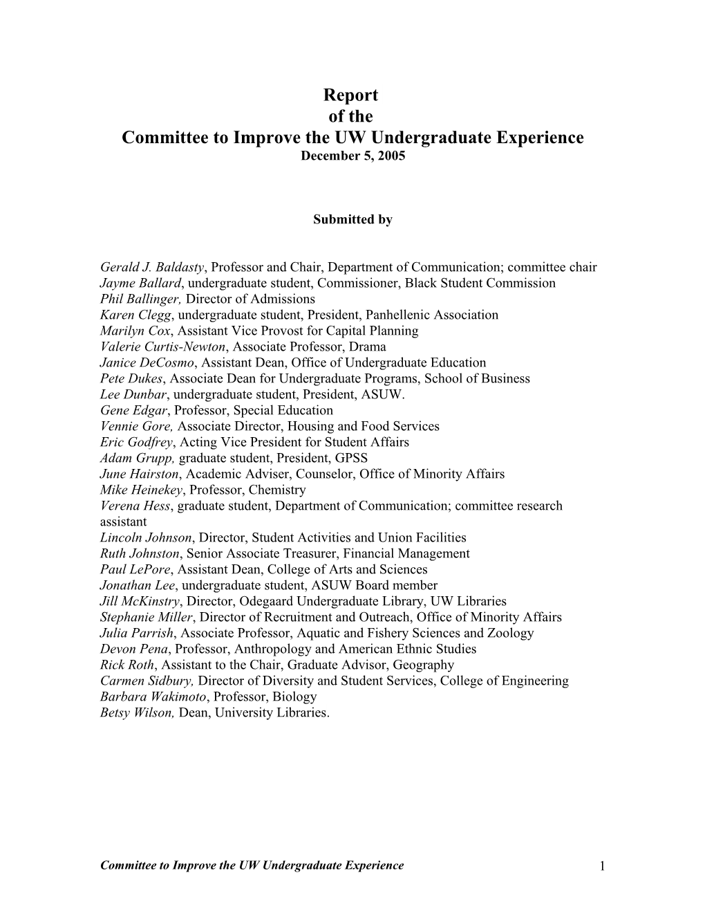 Report Of The Committee To Improve The UW Undergraduate Experience