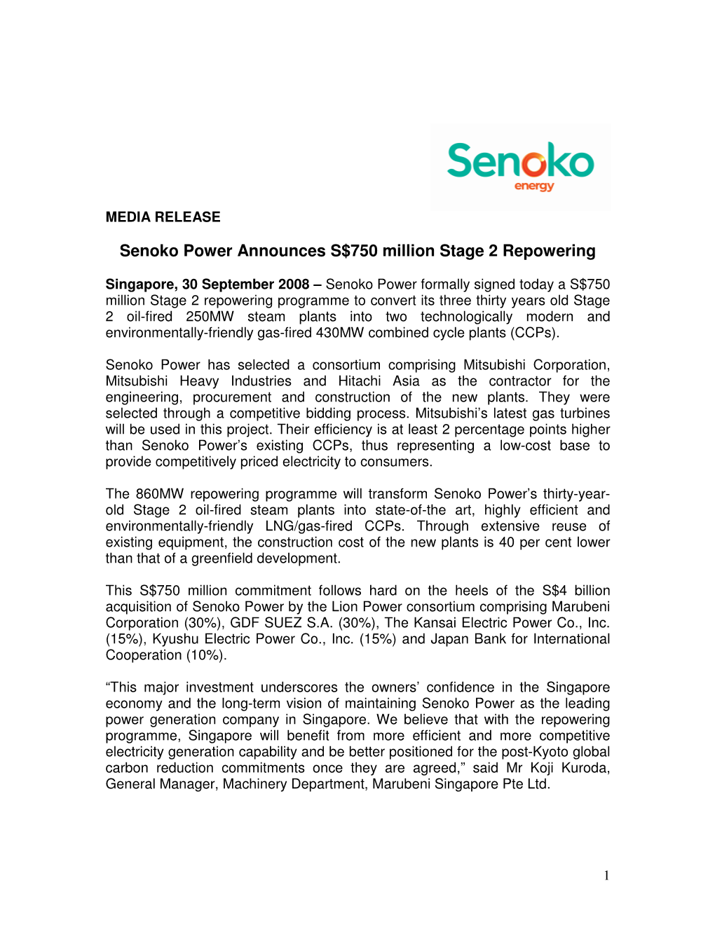 Senoko Power Announces S$750 Million Stage 2 Repowering
