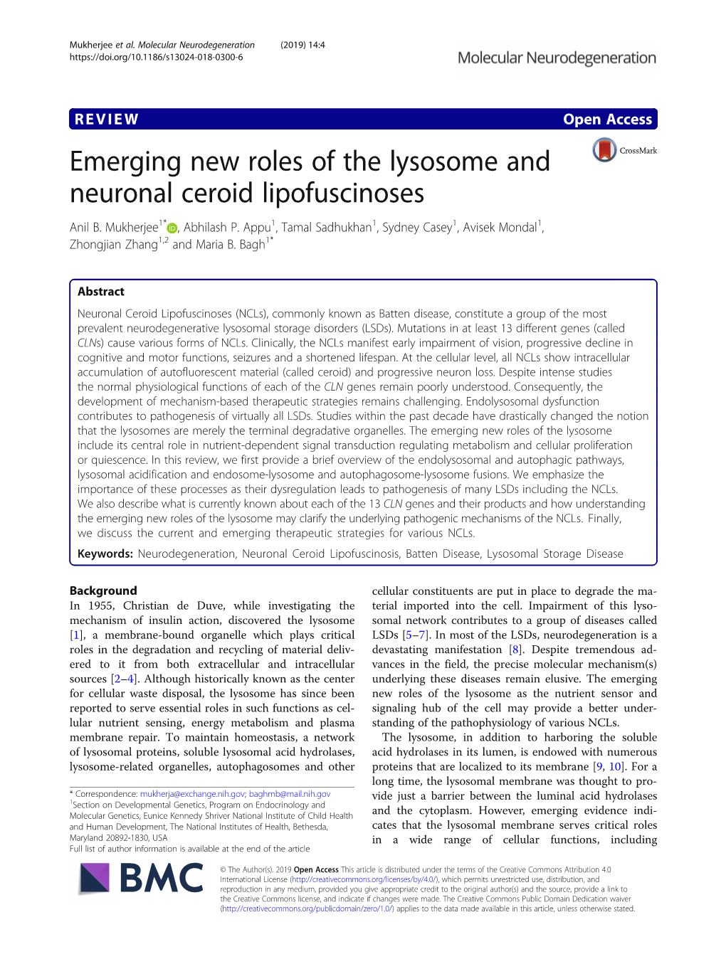 Emerging New Roles of the Lysosome and Neuronal Ceroid Lipofuscinoses Anil B