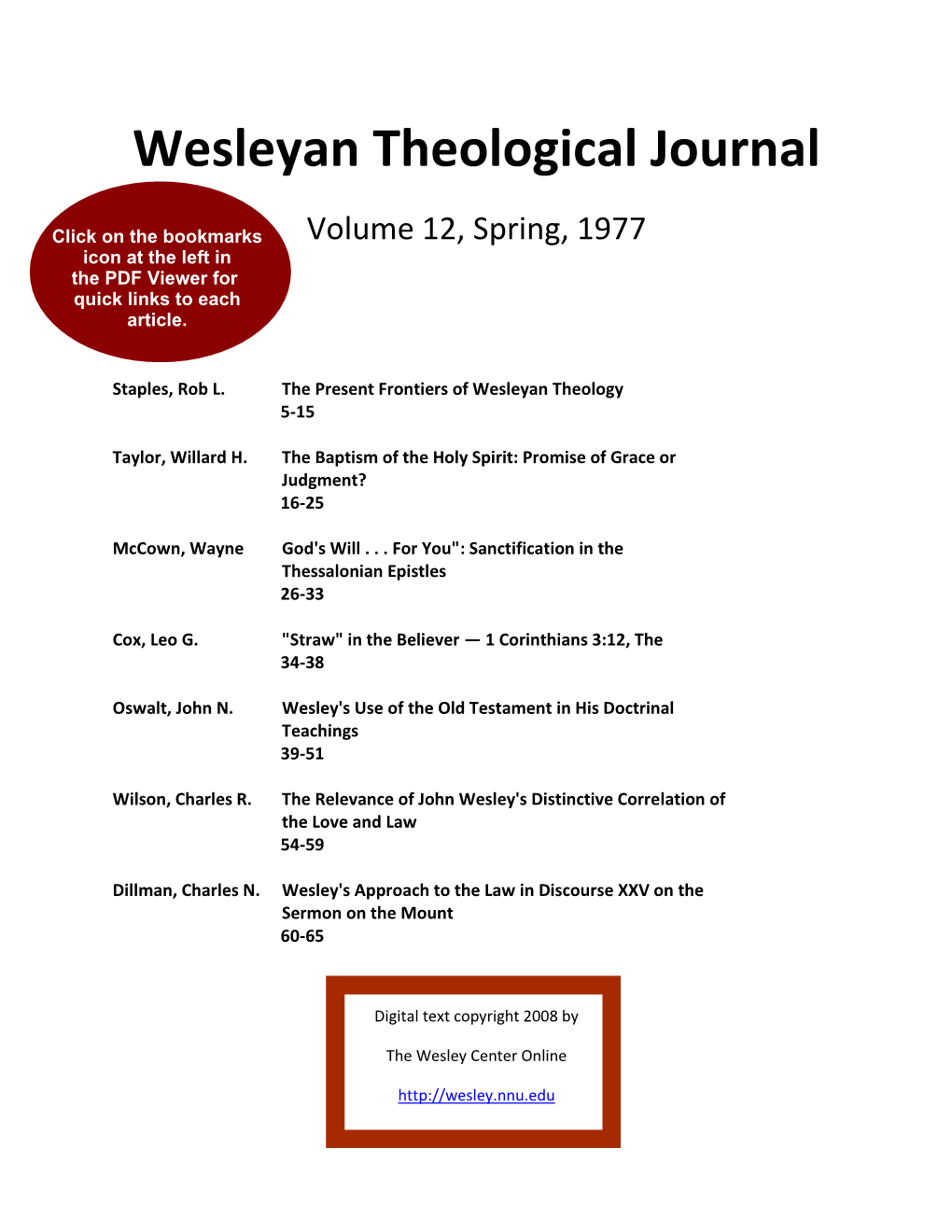 Wesleyan Theological Journal Volume 12, Spring, 1977