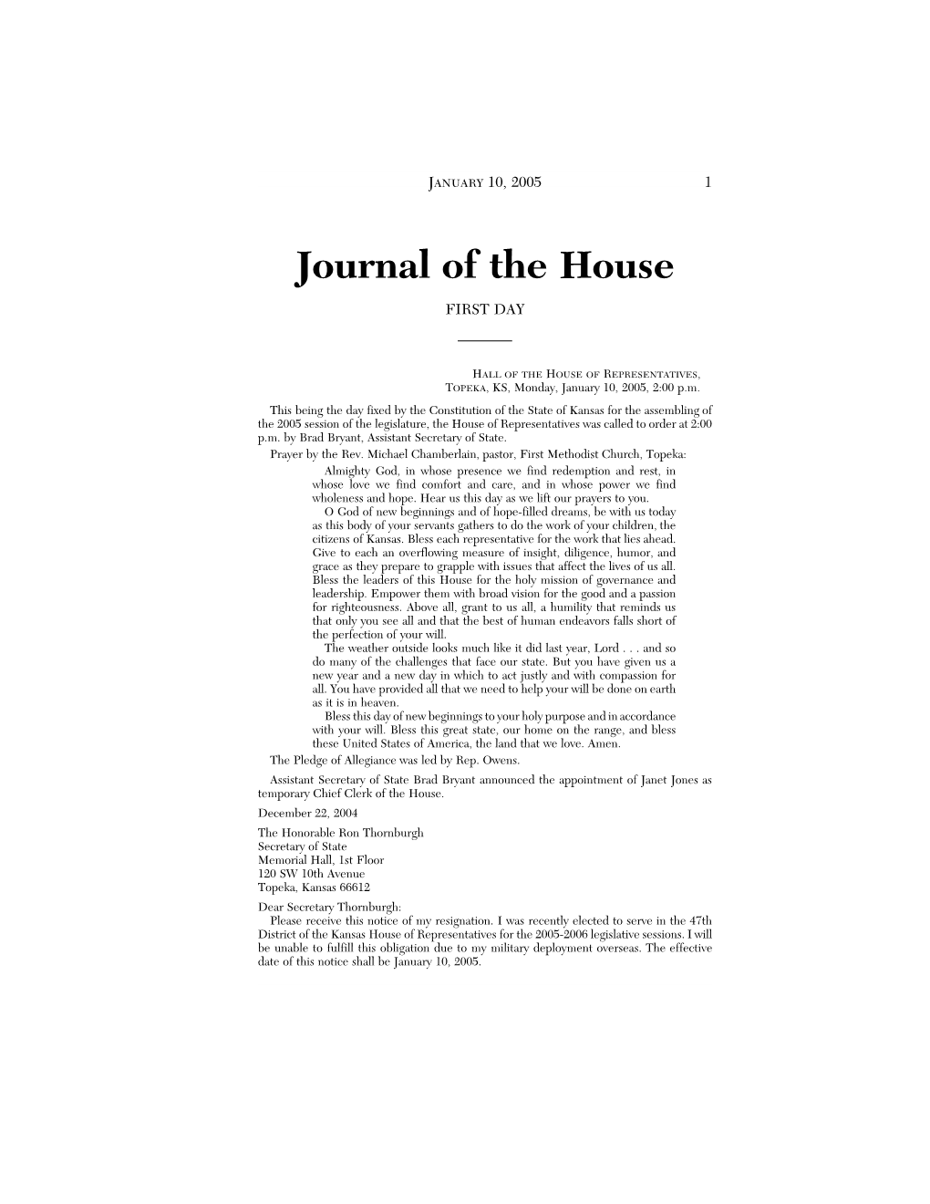 Journal of the House FIRST DAY