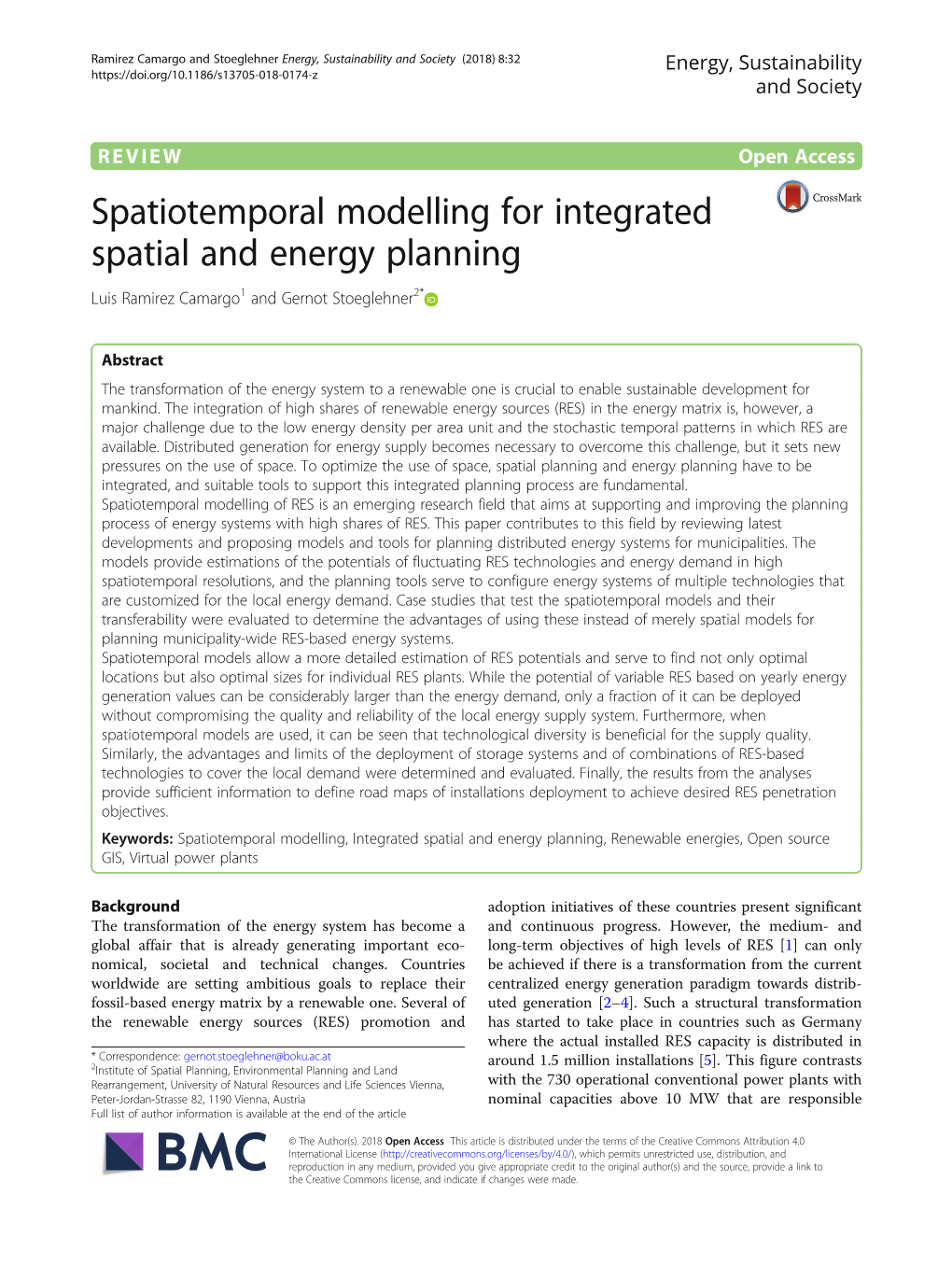 Spatiotemporal Modelling for Integrated Spatial and Energy Planning Luis Ramirez Camargo1 and Gernot Stoeglehner2*