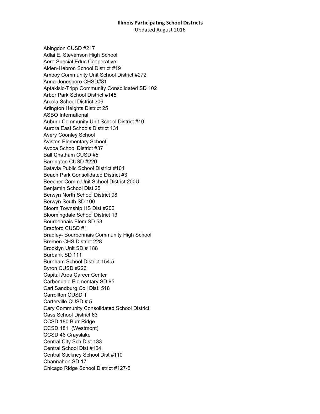 Illinois Participating School Districts Updated August 2016