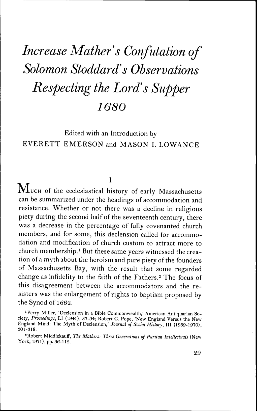 Increase Mather's Confutation of Solomon Stoddard's Observations Respecting the Lord's Supper 1680