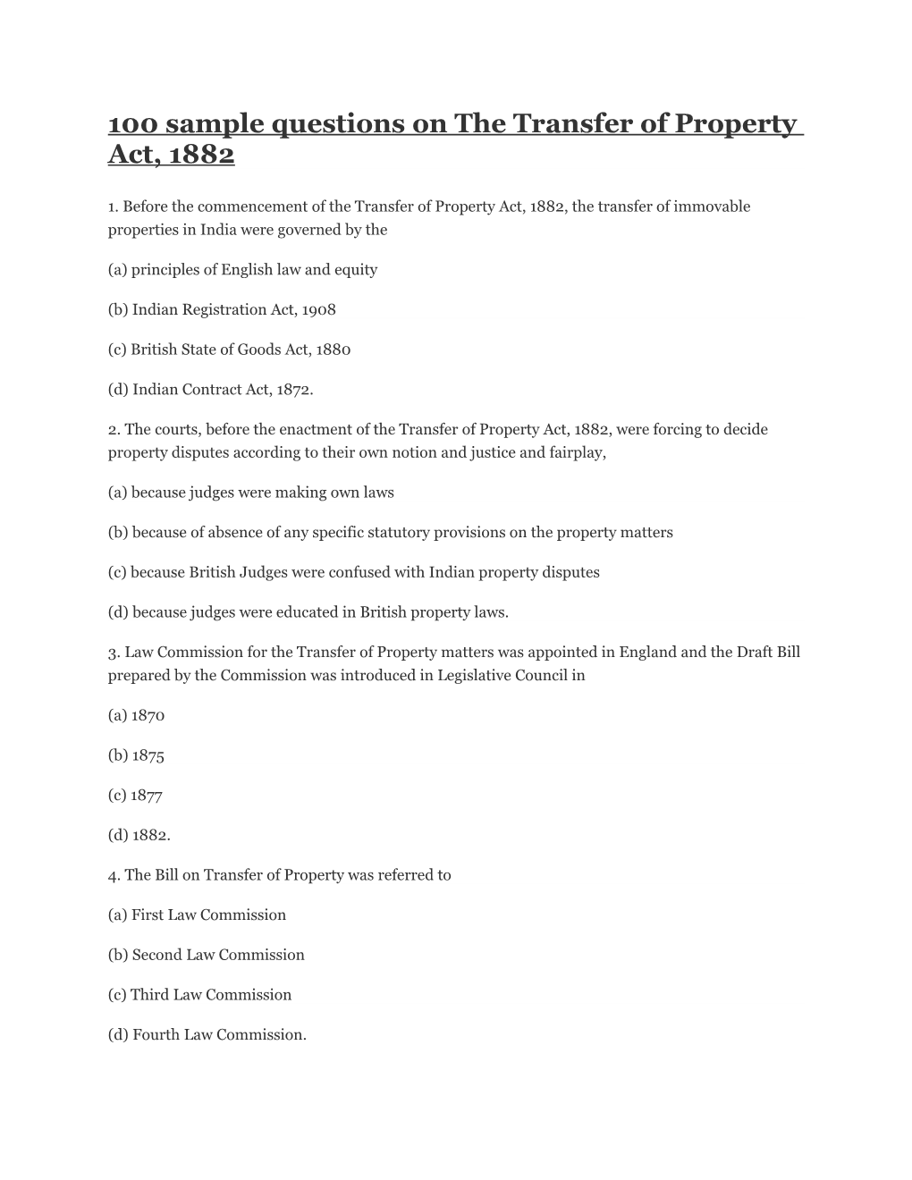 100 Sample Questions on the Transfer of Property Act, 1882