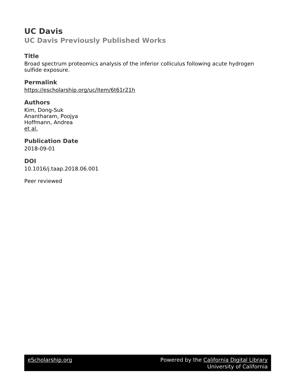 Broad Spectrum Proteomics Analysis of the Inferior Colliculus Following Acute Hydrogen Sulfide Exposure