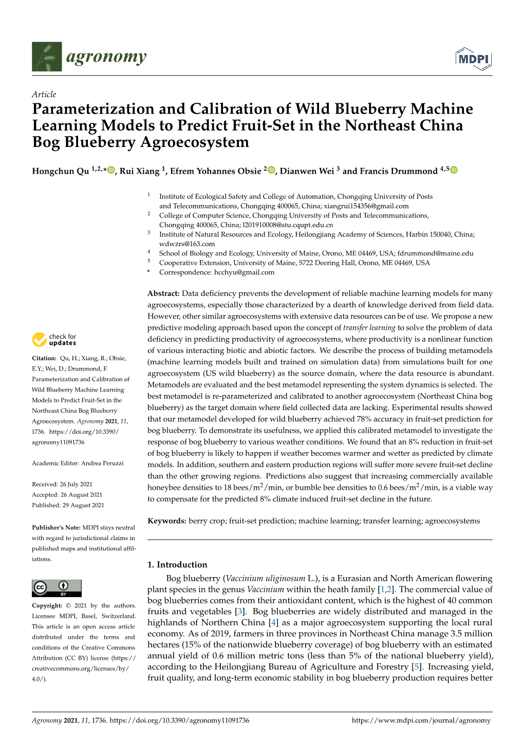 Parameterization and Calibration of Wild Blueberry Machine Learning Models to Predict Fruit-Set in the Northeast China Bog Blueberry Agroecosystem