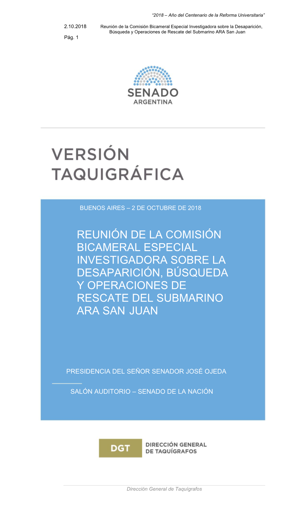 Reunión De La Comisión Bicameral Especial Investigadora Sobre La Desaparición, Búsqueda Y Operaciones De Rescate Del Submarino ARA San Juan Pág