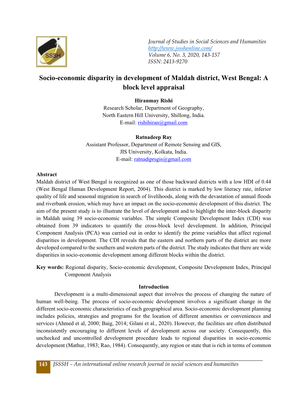 Socio-Economic Disparity in Development of Maldah District, West Bengal: a Block Level Appraisal