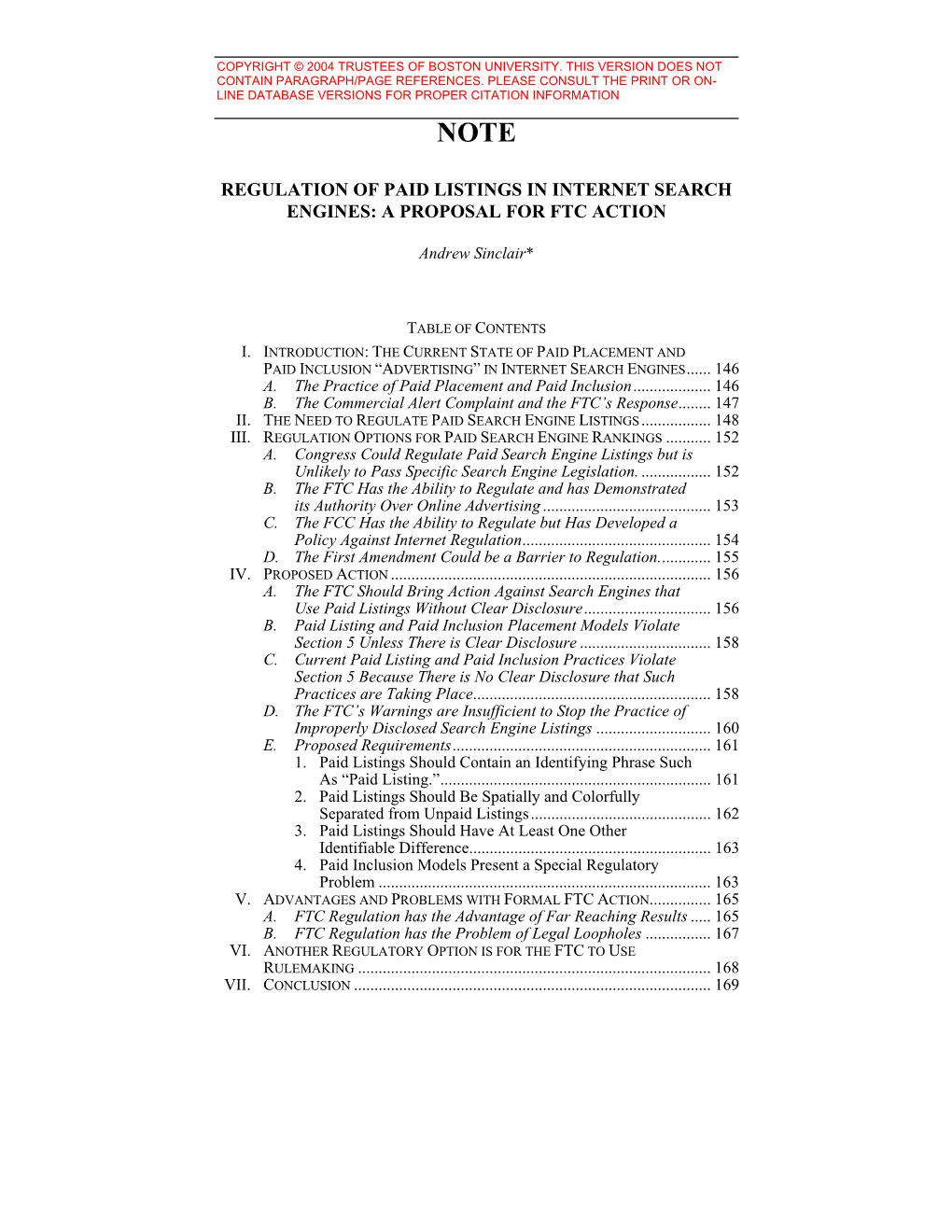 Regulation of Paid Listings in Internet Search Engines: a Proposal for Ftc Action