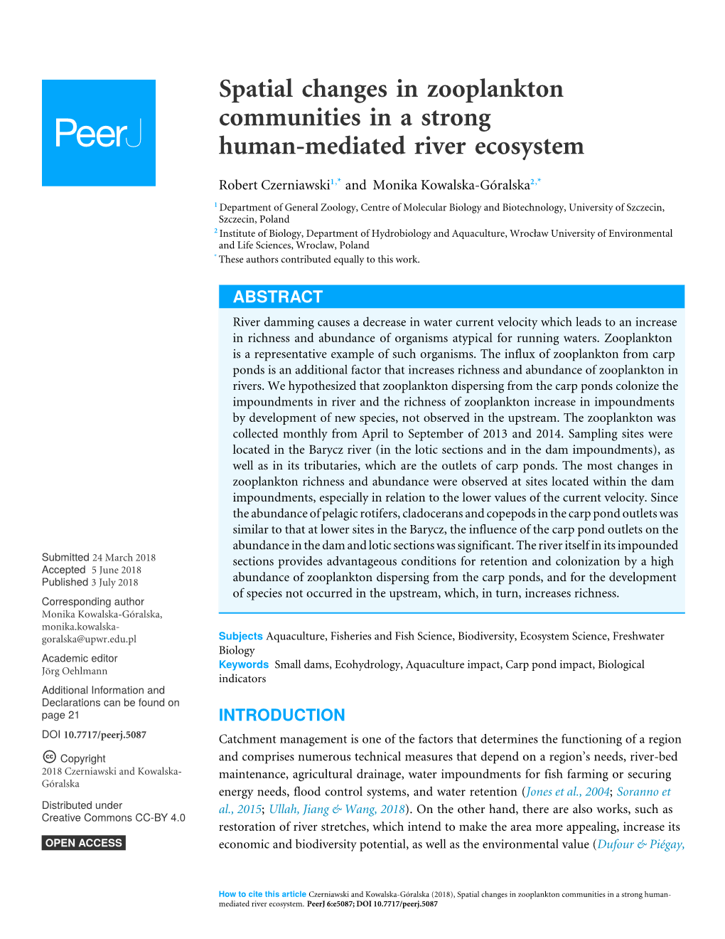 Spatial Changes in Zooplankton Communities in a Strong Human-Mediated River Ecosystem