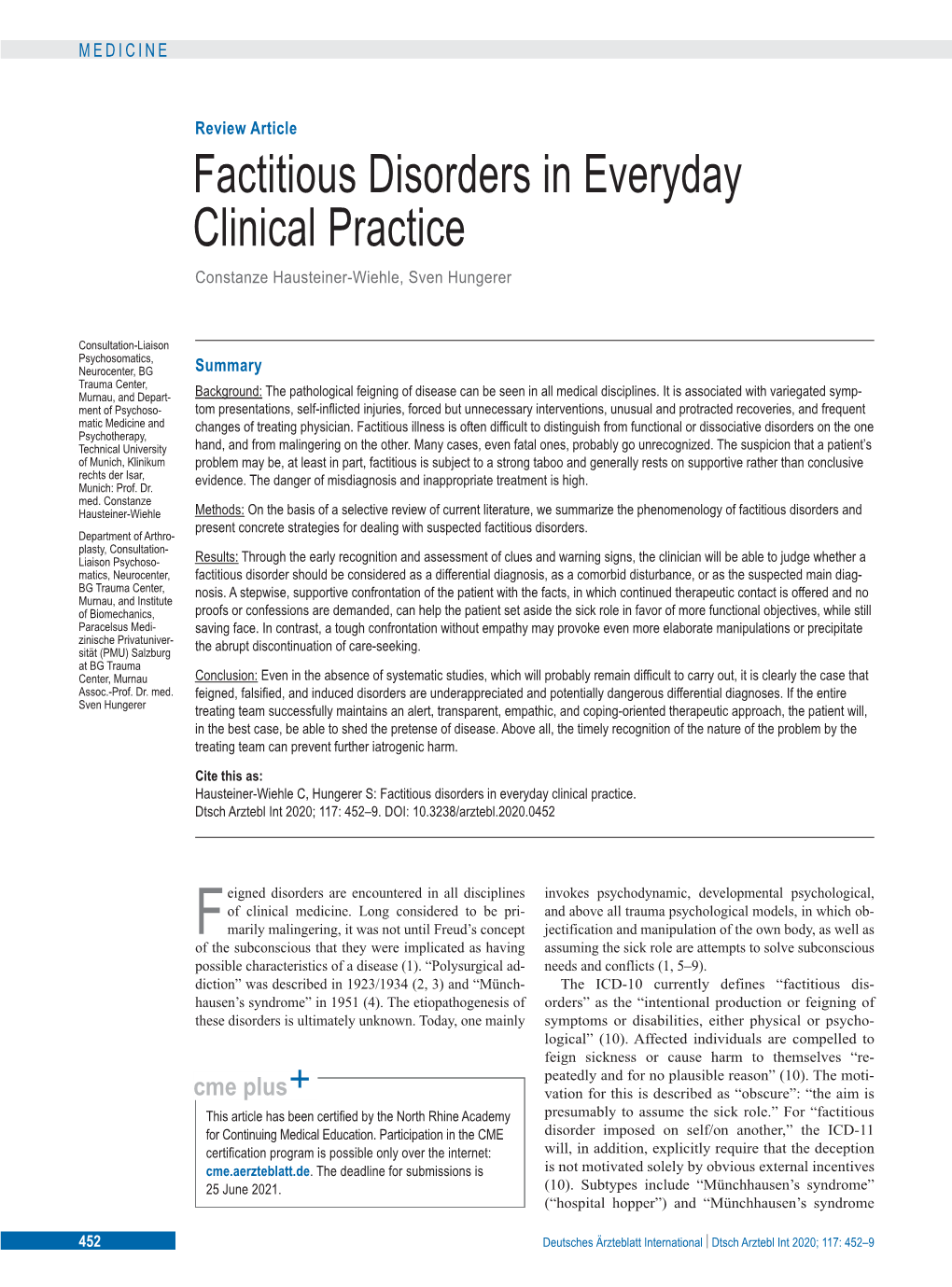 Factitious Disorders in Everyday Clinical Practice Constanze Hausteiner-Wiehle, Sven Hungerer