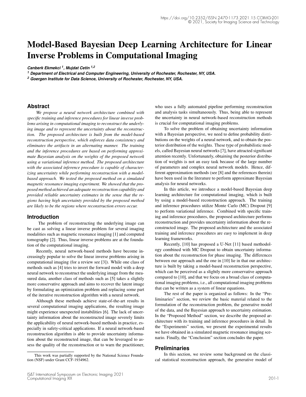 Model-Based Bayesian Deep Learning Architecture for Linear Inverse Problems in Computational Imaging