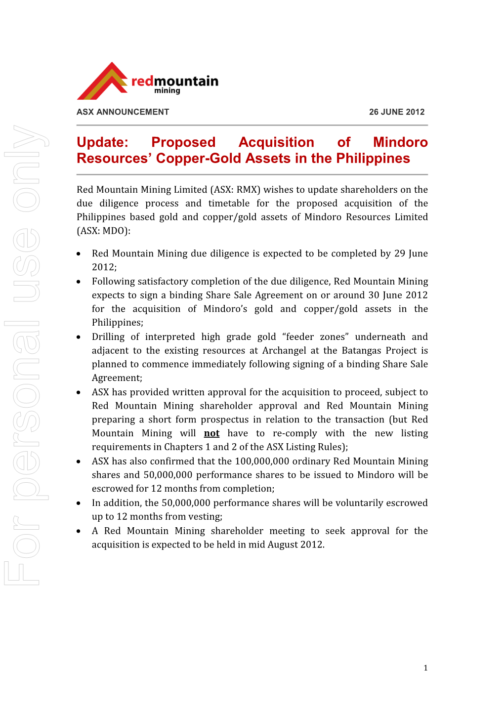 Proposed Acquisition of Mindoro Resources’ Copper-Gold Assets in the Philippines