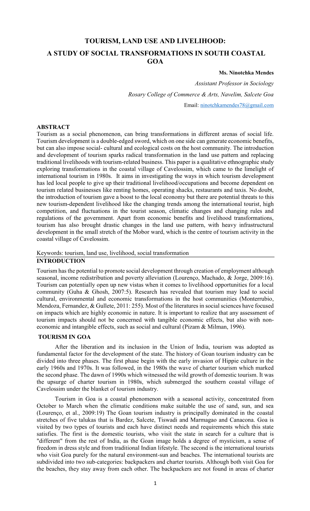 A STUDY of SOCIAL TRANSFORMATIONS in SOUTH COASTAL GOA Ms