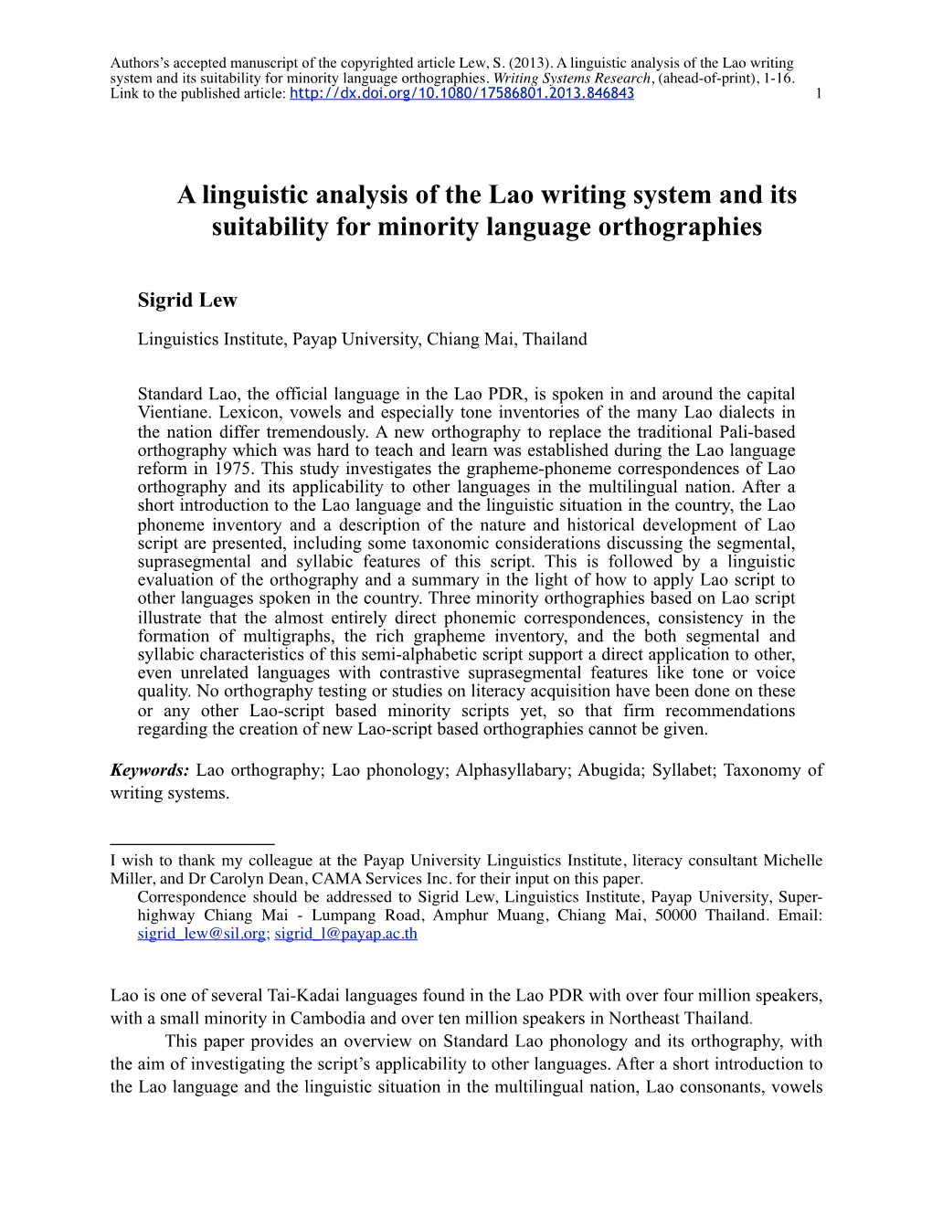 A Linguistic Analysis of the Lao Writing System and Its Suitability for Minority Language Orthographies