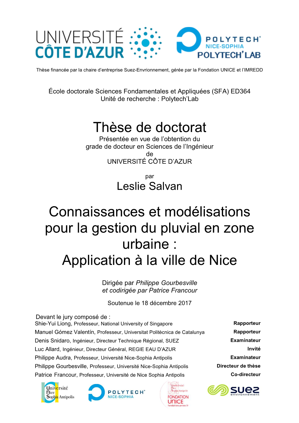 Connaissances Et Modélisations Pour La Gestion Du Pluvial En Zone Urbaine : Application À La Ville De Nice